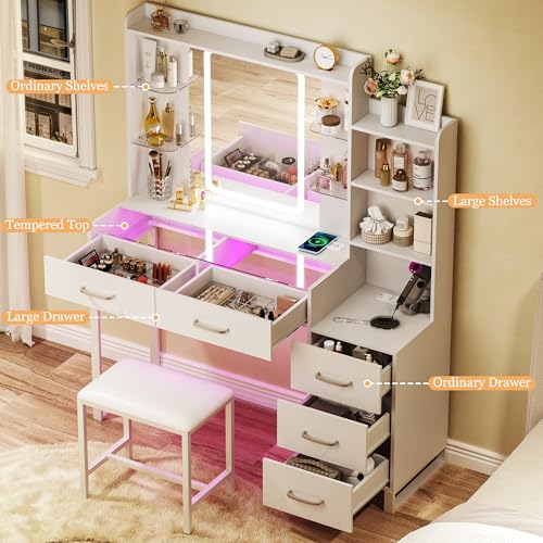 White Vanity Desk with Mirror and LED Lights, Wireless Charging L6741
