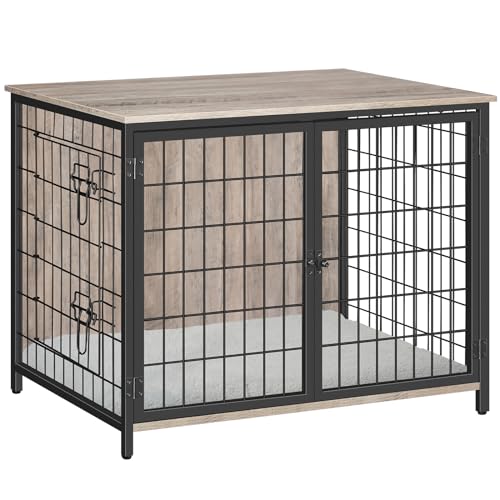 Wooden Dog Crate Furniture with Cushion, Double Doors, Greige X29262