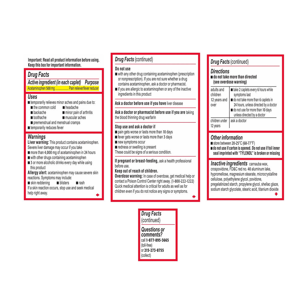 Tylenol Extra Strength Caplets, 500 mg Acetaminophen, 100 Ct T12507