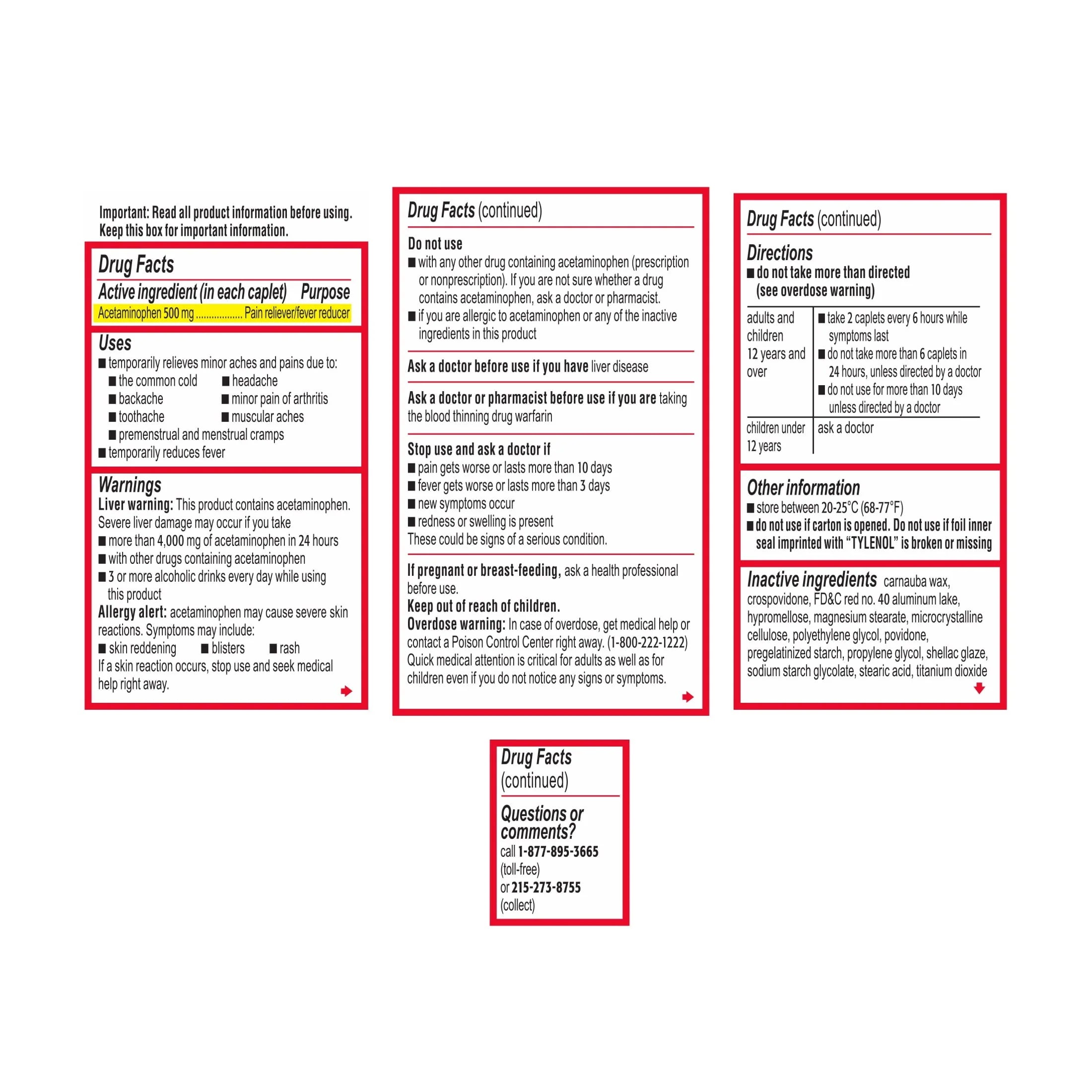 Tylenol Extra Strength Caplets, 500 mg Acetaminophen, 100 Ct T12507