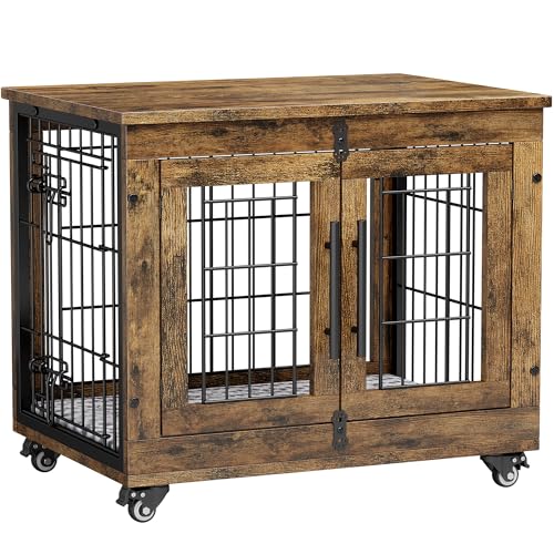 Lulive Dog Crate Furniture for Medium Dogs, 32" Wooden Kennel with Cushion & Wheels, Grey D230281