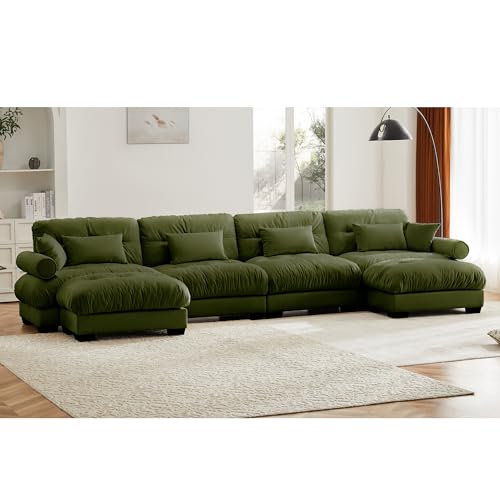 130" Modular Sectional Sofa with Movable Ottoman, Velvet Upholstered, Green Y4976
