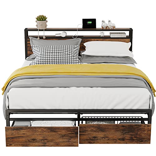 LIKIMIO King Bed Frame with Storage Headboard and Charging Station, Vintage Brown X317