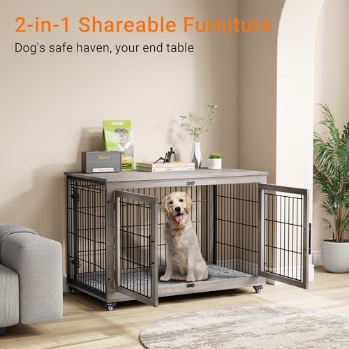 Lulive Dog Crate Furniture for Medium Dogs, 32" Wooden Kennel with Cushion & Wheels, Grey D230281