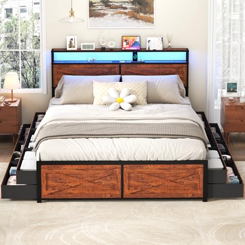 Full Size Bed Frame with Headboard, LED Lights, 4 Storage Drawers, Charging Station, Black C93321