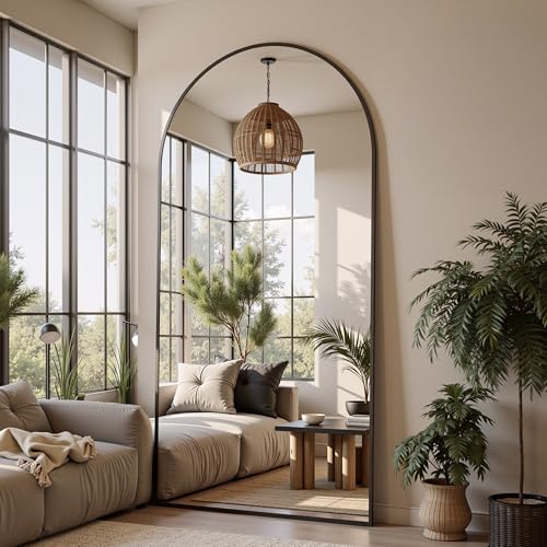 78" Oversized Arched Floor Mirror with Stand, Aluminum Frame, Black N18643