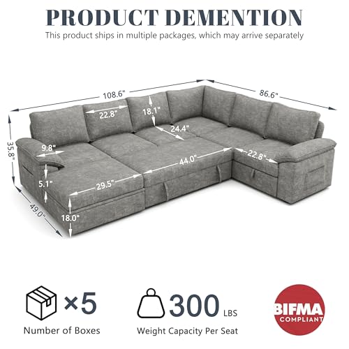 108 Inch U-Shaped Sectional Sleeper Sofa with Pull Out Bed, Dark Grey J60928