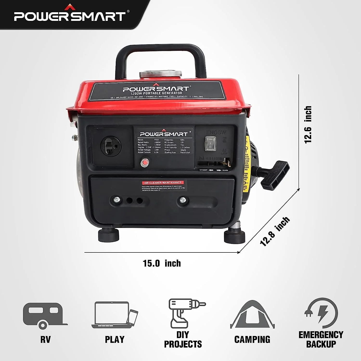 PowerSmart 1200W Portable Inverter Generator, Gas Powered W742