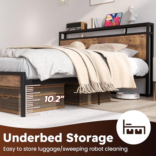 Queen Size Bed Frame with 4 Storage Drawers, LED, Charging Station, Gray L1115