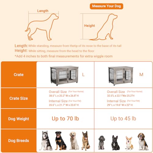 Lulive Dog Crate Furniture for Medium Dogs, 32" Wooden Kennel with Cushion & Wheels, Grey D230281