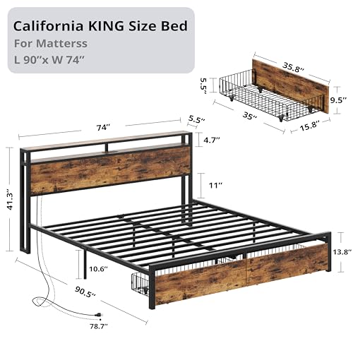 LIKIMIO King Bed Frame with Storage Headboard and Charging Station, Vintage Brown X317