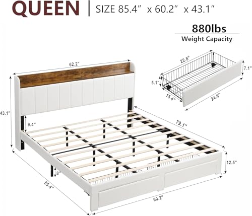 Queen Bed Frame with Headboard & Charging Station, Upholstered, 2 Storage Drawers, White T9445