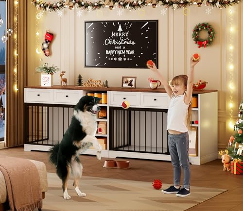 IDEALHOUSE 47" Large Dog Crate Furniture with 2 Drawers, Wooden Kennel for Medium Large Dogs, Black W8906