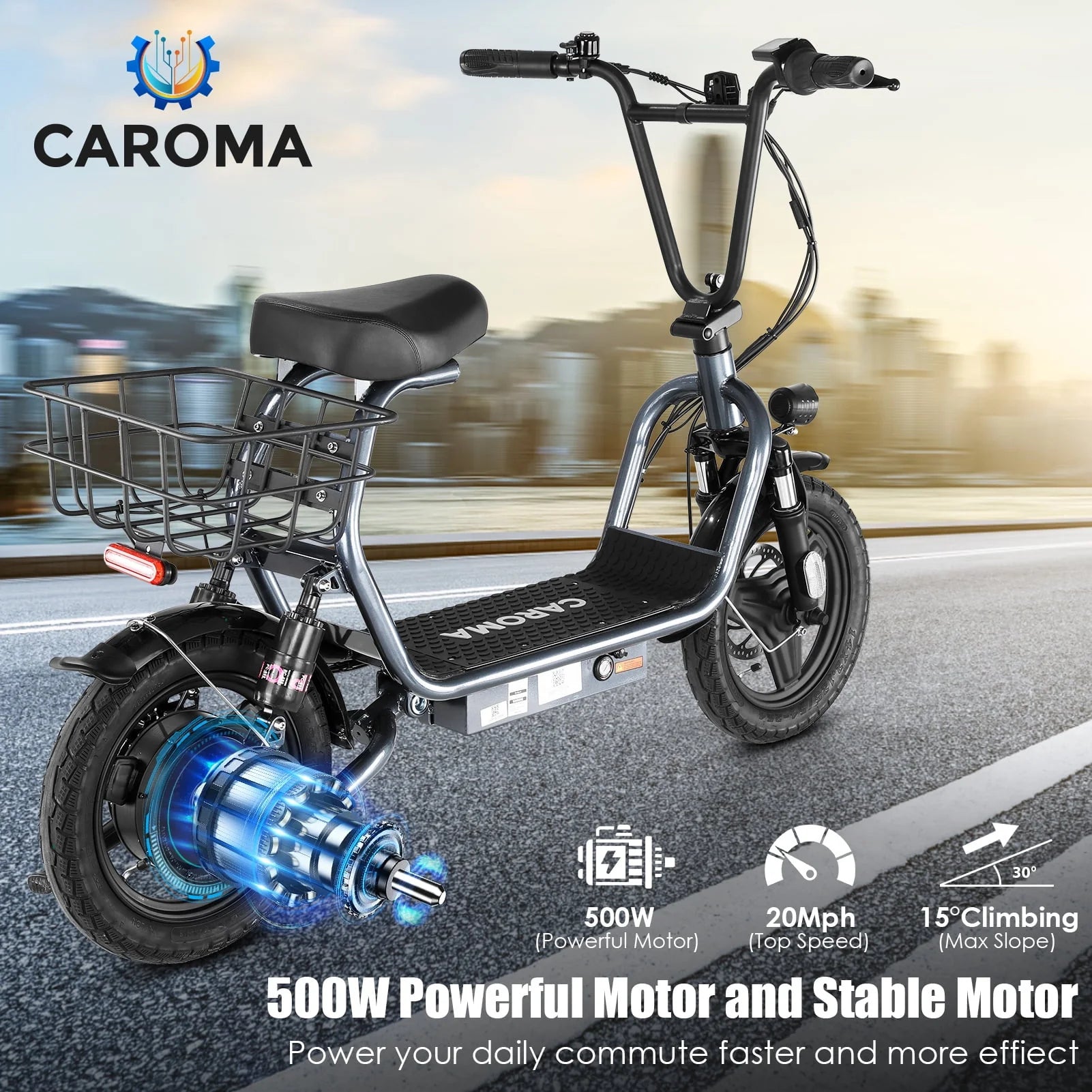 Caroma 500W Electric Scooter with Seat for Adult, 14 inch, 20 MPH F719250