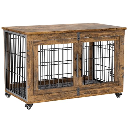 Lulive Dog Crate Furniture for Medium Dogs, 32" Wooden Kennel with Cushion & Wheels, Grey D230281