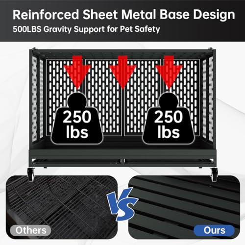 Heavy Duty Dog Crate with Wheels for Large Dogs, Folding Metal Cage with Removable Tray R395