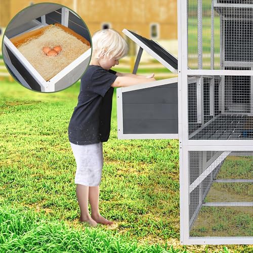 Wooden Chicken Coop with Run – 3-Tier Walk-in Poultry House for 8-10 Chickens, Gray A87110