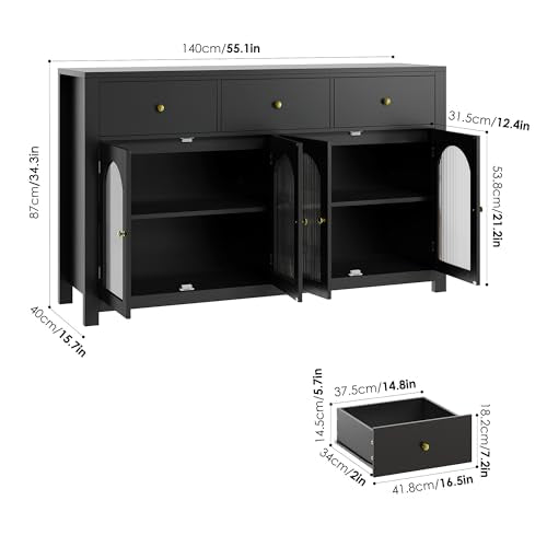 FINETONES Buffet Cabinet with Storage, 55.1" Farmhouse Sideboard, Black C356454
