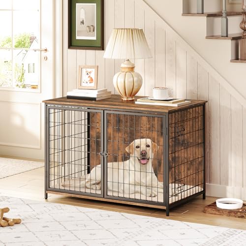 Wooden Dog Crate Furniture with Cushion, Double Doors, Greige X29262