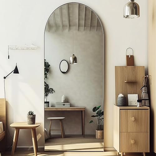 Arched Floor Mirror 58"x18" Full Length with Stand, Aluminum Frame, Black S856658