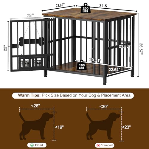 Easycom 41" Foldable Dog Crate Furniture with Adjustable Bowls, Rustic Brown M74490