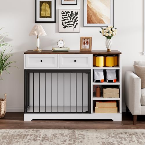 IDEALHOUSE 47" Large Dog Crate Furniture with 2 Drawers, Wooden Kennel for Medium Large Dogs, Black W8906