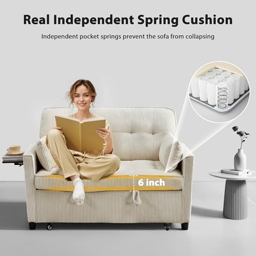 Corduroy Sleeper Sofa Bed with USB Port and Side Pockets, Beige I998