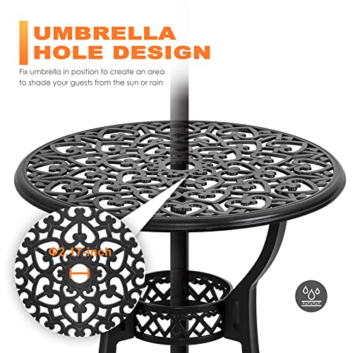 NUU GARDEN 3 Piece Cast Aluminum Bistro Set with Umbrella Hole, Black N80118