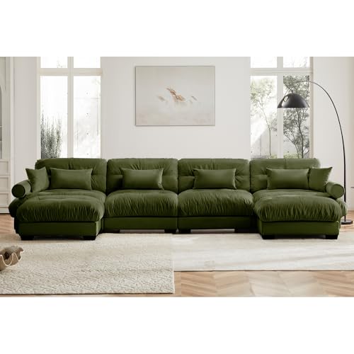 130" Modular Sectional Sofa with Movable Ottoman, Velvet Upholstered, Green Y4976