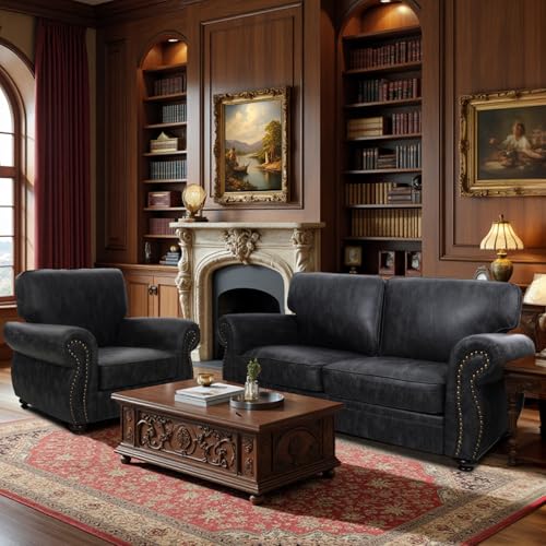 Mid-Century 3-Seater Sofa with Rivet Design, Removable Cover and Solid Wood Frame I150