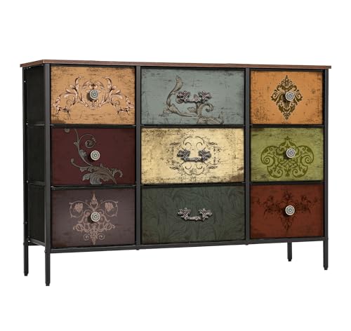 Dresser for Bedroom with 9 Deep Fabric Drawers, Wide TV Stand Storage Cabinet, Colorful Chest of Drawers for Closet, Nursery, Entryway, Hallway