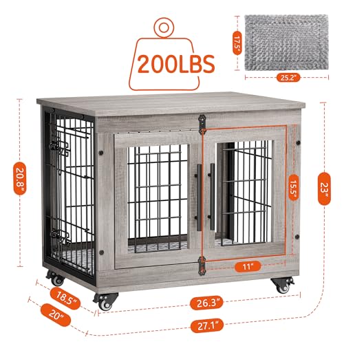 Lulive Dog Crate Furniture for Medium Dogs, 32" Wooden Kennel with Cushion & Wheels, Grey D230281