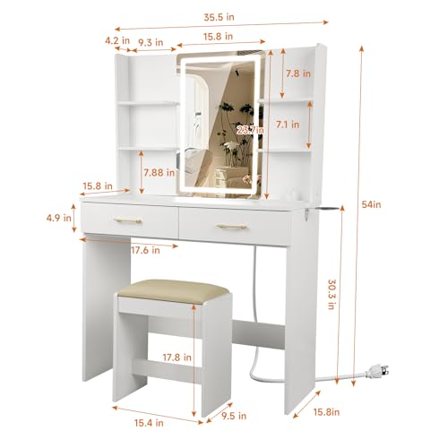 White Vanity Set with Lighted Mirror, Drawers and Stool V52922
