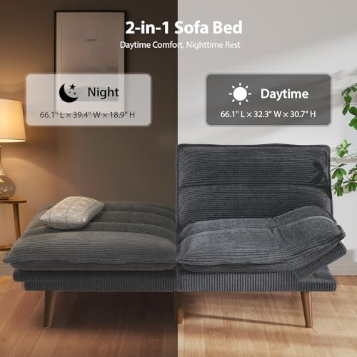 Pipishell Convertible Futon Sofa Bed, 66" Corduroy, Grey L81220