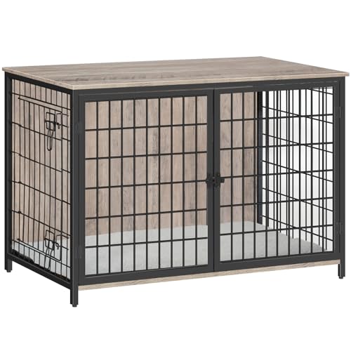 Dog Crate Furniture with Cushion, Wooden Dog Kennel with Double Doors, Heavy Duty Dog Cage for Small/Medium/Large Dogs, Indoor Dog House End Table, 31.5" L, Greige DCHG0701
