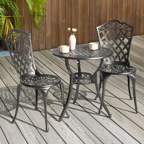NUU GARDEN 3 Piece Cast Aluminum Bistro Set with Umbrella Hole, Black N80118