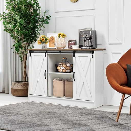 4 EVER WINNER Coffee Bar Cabinet with Sliding Barn Doors, 42" Sideboard Buffet, Espresso O37010