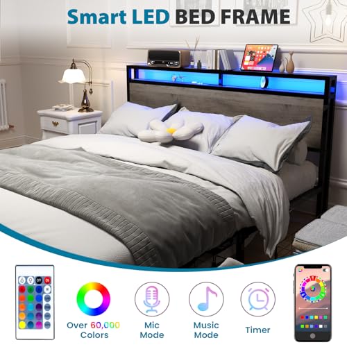 Full Size Bed Frame with Headboard, LED Lights, 4 Storage Drawers, Charging Station, Black C93321