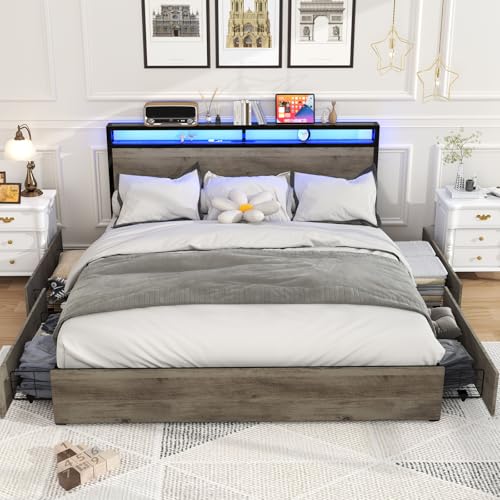 Full Size Bed Frame with Headboard, LED Lights, 4 Storage Drawers, Charging Station, Black C93321