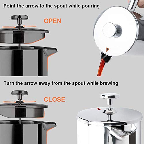 Secura French Press Coffee Maker, 34oz Stainless Steel Insulated, Silver W447