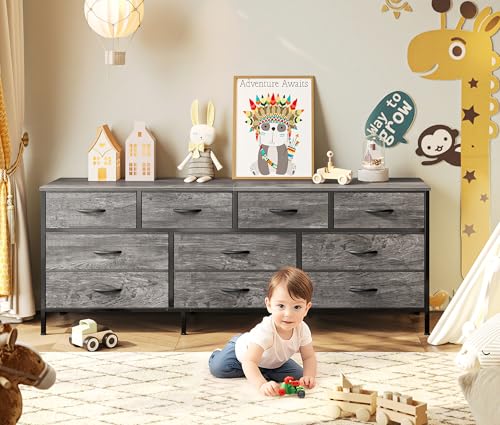 Huuger 63 Inch Dresser with 10 Fabric Drawers, Rustic Brown M836