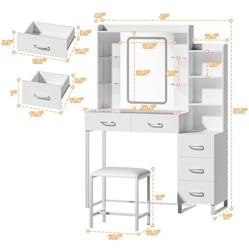 White Vanity Desk with Mirror and LED Lights, Wireless Charging L6741