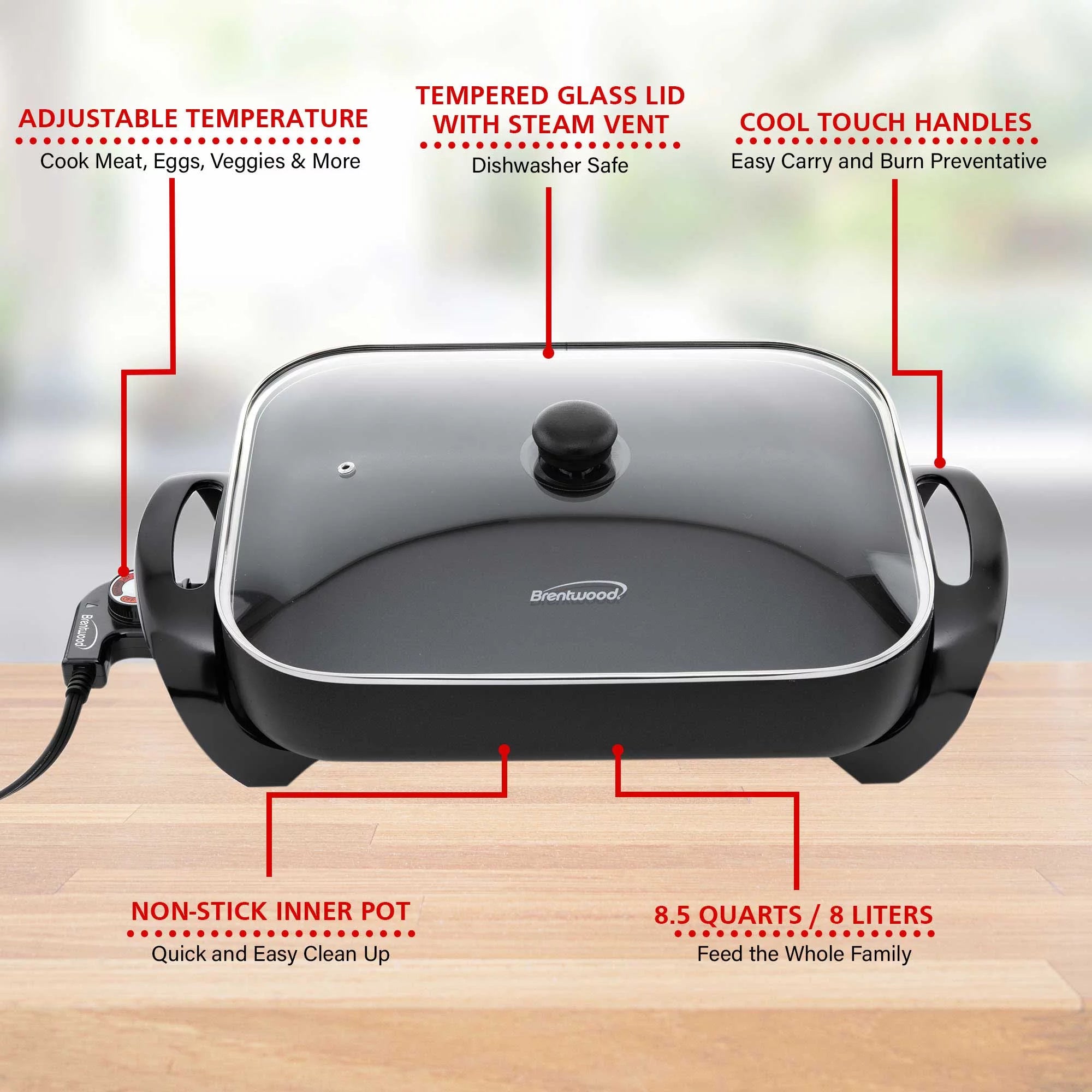 Brentwood 16" Electric Skillet with Glass Lid, Non-Stick Y166
