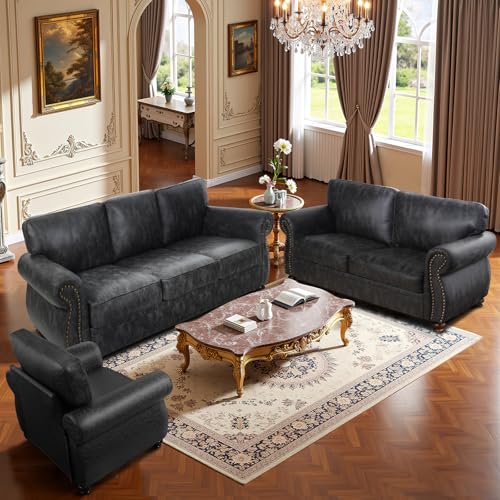 Mid-Century 3-Seater Sofa with Rivet Design, Removable Cover and Solid Wood Frame I150