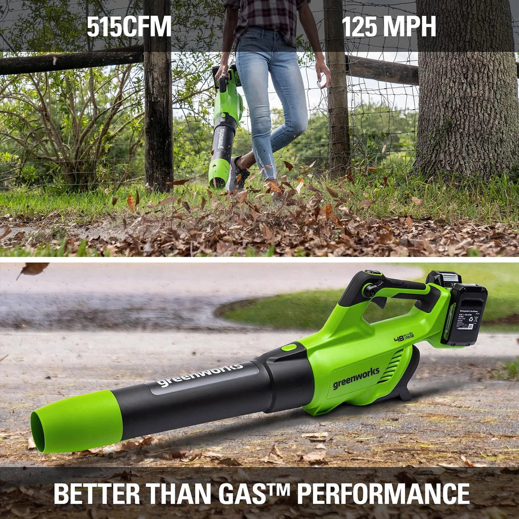 Greenworks 48V Brushless Leaf Blower 515CFM with 2.0Ah Batteries & Charger O7126