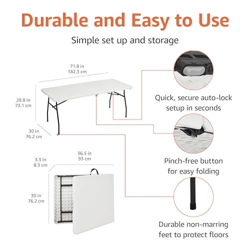 Amazon Basics Heavy Duty Folding Table 6 ft with Carrying Handle, White V552