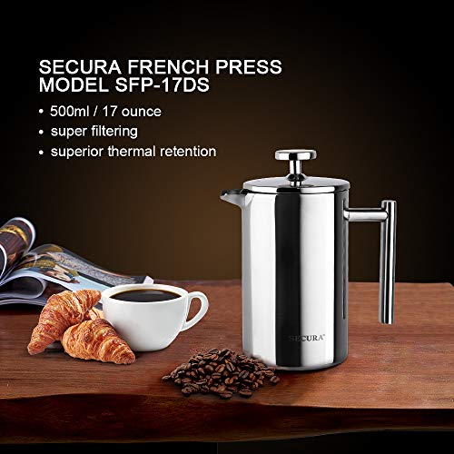 Secura French Press Coffee Maker, 34oz Stainless Steel Insulated, Silver W447