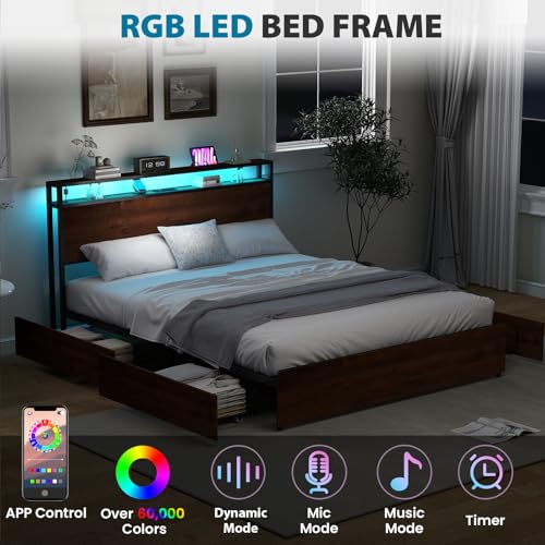 Queen Size Bed Frame with 4 Storage Drawers, LED, Charging Station, Gray L1115