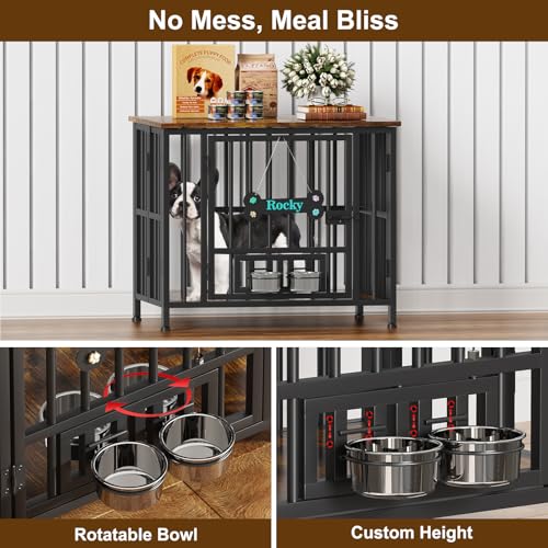 Easycom 41" Foldable Dog Crate Furniture with Adjustable Bowls, Rustic Brown M74490