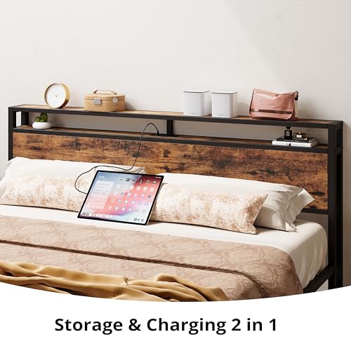 LIKIMIO King Bed Frame with Storage Headboard and Charging Station, Vintage Brown X317